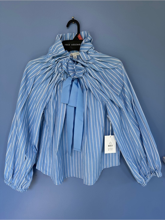 Free Assembly Tops - Free Assembly Blue Stripe Tie-Neck Blouse